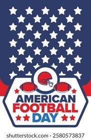 American Football Day. Holiday for American football fans in United States. Game Day. Professional team sport. Championship. Ball and Helmet. Sport poster. Vector illustration