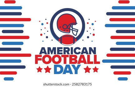 American Football Day. Holiday for American football fans in United States. Game Day. Professional team sport. Championship. Ball and Helmet. Sport poster. Vector illustration