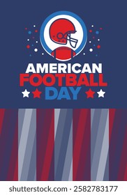 American Football Day. Holiday for American football fans in United States. Game Day. Professional team sport. Championship. Ball and Helmet. Sport poster. Vector illustration