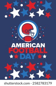 American Football Day. Holiday for American football fans in United States. Game Day. Professional team sport. Championship. Ball and Helmet. Sport poster. Vector illustration