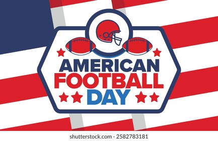 American Football Day. Holiday for American football fans in United States. Game Day. Professional team sport. Championship. Ball and Helmet. Sport poster. Vector illustration