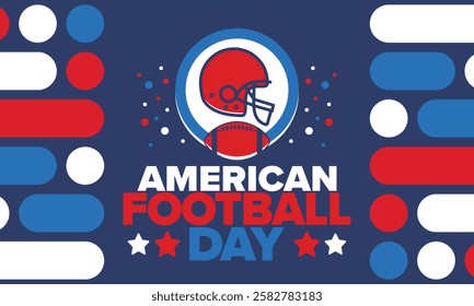 American Football Day. Holiday for American football fans in United States. Game Day. Professional team sport. Championship. Ball and Helmet. Sport poster. Vector illustration