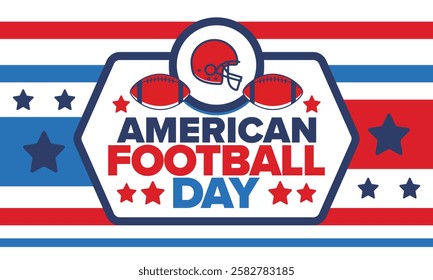 American Football Day. Holiday for American football fans in United States. Game Day. Professional team sport. Championship. Ball and Helmet. Sport poster. Vector illustration