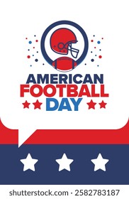 American Football Day. Holiday for American football fans in United States. Game Day. Professional team sport. Championship. Ball and Helmet. Sport poster. Vector illustration