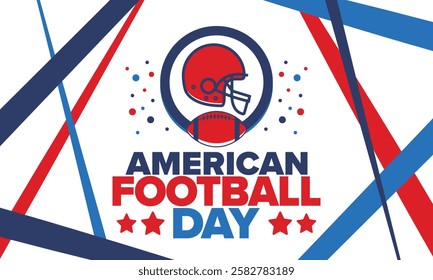 American Football Day. Holiday for American football fans in United States. Game Day. Professional team sport. Championship. Ball and Helmet. Sport poster. Vector illustration