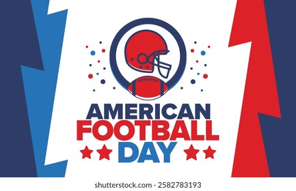 American Football Day. Holiday for American football fans in United States. Game Day. Professional team sport. Championship. Ball and Helmet. Sport poster. Vector illustration