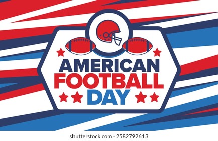 American Football Day. Holiday for American football fans in United States. Game Day. Professional team sport. Championship. Ball and Helmet. Sport poster. Vector illustration