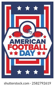 American Football Day. Holiday for American football fans in United States. Game Day. Professional team sport. Championship. Ball and Helmet. Sport poster. Vector illustration