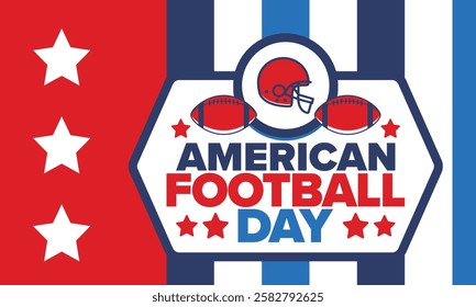 American Football Day. Holiday for American football fans in United States. Game Day. Professional team sport. Championship. Ball and Helmet. Sport poster. Vector illustration