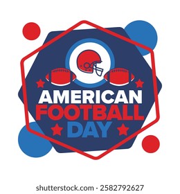 American Football Day. Holiday for American football fans in United States. Game Day. Professional team sport. Championship. Ball and Helmet. Sport poster. Vector illustration