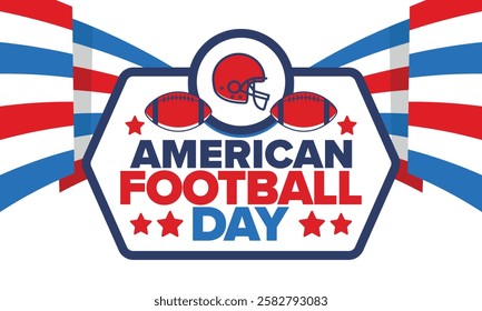 American Football Day. Holiday for American football fans in United States. Game Day. Professional team sport. Championship. Ball and Helmet. Sport poster. Vector illustration