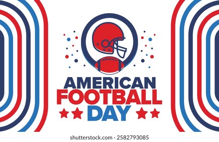 American Football Day. Holiday for American football fans in United States. Game Day. Professional team sport. Championship. Ball and Helmet. Sport poster. Vector illustration