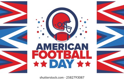 American Football Day. Holiday for American football fans in United States. Game Day. Professional team sport. Championship. Ball and Helmet. Sport poster. Vector illustration