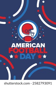 American Football Day. Holiday for American football fans in United States. Game Day. Professional team sport. Championship. Ball and Helmet. Sport poster. Vector illustration