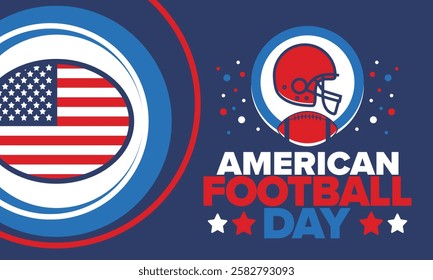 American Football Day. Holiday for American football fans in United States. Game Day. Professional team sport. Championship. Ball and Helmet. Sport poster. Vector illustration