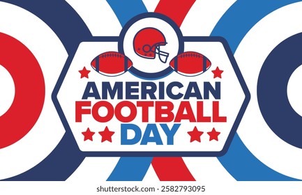 American Football Day. Holiday for American football fans in United States. Game Day. Professional team sport. Championship. Ball and Helmet. Sport poster. Vector illustration