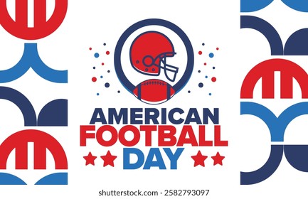 American Football Day. Holiday for American football fans in United States. Game Day. Professional team sport. Championship. Ball and Helmet. Sport poster. Vector illustration