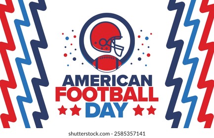 American Football Day. Holiday for American football fans in United States. Game Day. Professional team sport. Championship. Ball and Helmet. Sport poster. Vector illustration