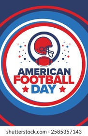 American Football Day. Holiday for American football fans in United States. Game Day. Professional team sport. Championship. Ball and Helmet. Sport poster. Vector illustration