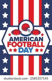 American Football Day. Holiday for American football fans in United States. Game Day. Professional team sport. Championship. Ball and Helmet. Sport poster. Vector illustration