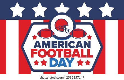 American Football Day. Holiday for American football fans in United States. Game Day. Professional team sport. Championship. Ball and Helmet. Sport poster. Vector illustration