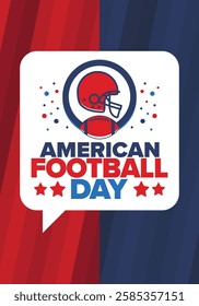 American Football Day. Holiday for American football fans in United States. Game Day. Professional team sport. Championship. Ball and Helmet. Sport poster. Vector illustration