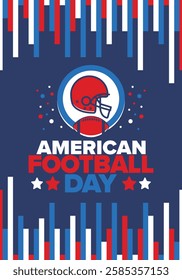 American Football Day. Holiday for American football fans in United States. Game Day. Professional team sport. Championship. Ball and Helmet. Sport poster. Vector illustration