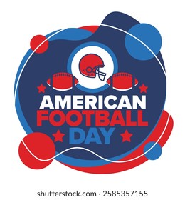 American Football Day. Holiday for American football fans in United States. Game Day. Professional team sport. Championship. Ball and Helmet. Sport poster. Vector illustration