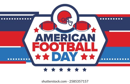 American Football Day. Holiday for American football fans in United States. Game Day. Professional team sport. Championship. Ball and Helmet. Sport poster. Vector illustration