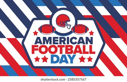 American Football Day. Holiday for American football fans in United States. Game Day. Professional team sport. Championship. Ball and Helmet. Sport poster. Vector illustration