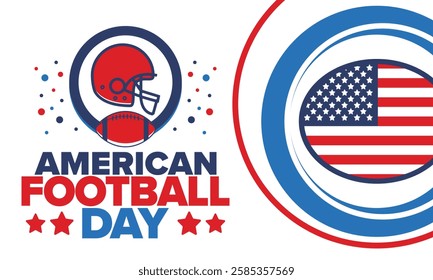 American Football Day. Holiday for American football fans in United States. Game Day. Professional team sport. Championship. Ball and Helmet. Sport poster. Vector illustration