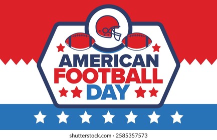 American Football Day. Holiday for American football fans in United States. Game Day. Professional team sport. Championship. Ball and Helmet. Sport poster. Vector illustration