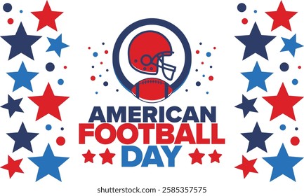 American Football Day. Holiday for American football fans in United States. Game Day. Professional team sport. Championship. Ball and Helmet. Sport poster. Vector illustration