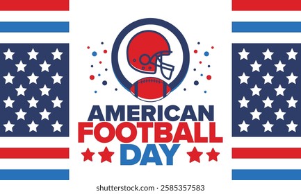 American Football Day. Holiday for American football fans in United States. Game Day. Professional team sport. Championship. Ball and Helmet. Sport poster. Vector illustration