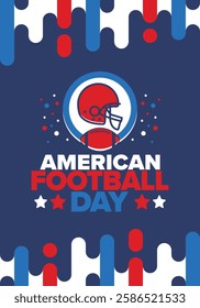 American Football Day. Holiday for American football fans in United States. Game Day. Professional team sport. Championship. Ball and Helmet. Sport poster. Vector illustration