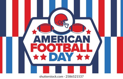 American Football Day. Holiday for American football fans in United States. Game Day. Professional team sport. Championship. Ball and Helmet. Sport poster. Vector illustration