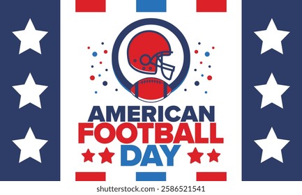 American Football Day. Holiday for American football fans in United States. Game Day. Professional team sport. Championship. Ball and Helmet. Sport poster. Vector illustration