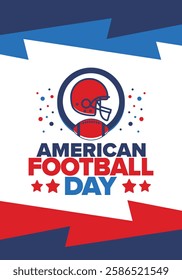 American Football Day. Holiday for American football fans in United States. Game Day. Professional team sport. Championship. Ball and Helmet. Sport poster. Vector illustration