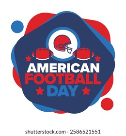 American Football Day. Holiday for American football fans in United States. Game Day. Professional team sport. Championship. Ball and Helmet. Sport poster. Vector illustration