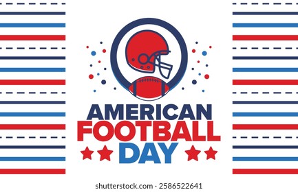 American Football Day. Holiday for American football fans in United States. Game Day. Professional team sport. Championship. Ball and Helmet. Sport poster. Vector illustration