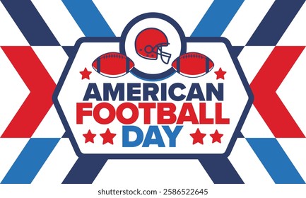 American Football Day. Holiday for American football fans in United States. Game Day. Professional team sport. Championship. Ball and Helmet. Sport poster. Vector illustration