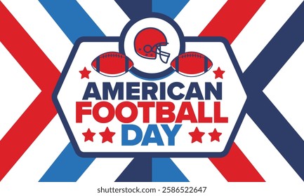 American Football Day. Holiday for American football fans in United States. Game Day. Professional team sport. Championship. Ball and Helmet. Sport poster. Vector illustration