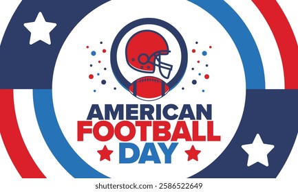 American Football Day. Holiday for American football fans in United States. Game Day. Professional team sport. Championship. Ball and Helmet. Sport poster. Vector illustration