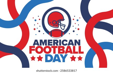 American Football Day. Holiday for American football fans in United States. Game Day. Professional team sport. Championship. Ball and Helmet. Sport poster. Vector illustration