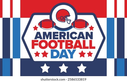 American Football Day. Holiday for American football fans in United States. Game Day. Professional team sport. Championship. Ball and Helmet. Sport poster. Vector illustration