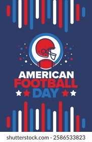 American Football Day. Holiday for American football fans in United States. Game Day. Professional team sport. Championship. Ball and Helmet. Sport poster. Vector illustration