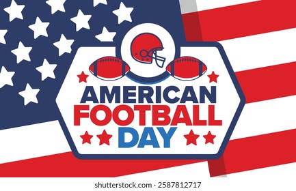 American Football Day. Holiday for American football fans in United States. Game Day. Professional team sport. Championship. Ball and Helmet. Sport poster. Vector illustration