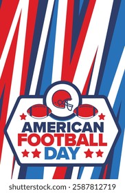 American Football Day. Holiday for American football fans in United States. Game Day. Professional team sport. Championship. Ball and Helmet. Sport poster. Vector illustration