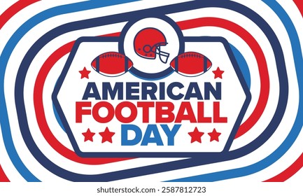 American Football Day. Holiday for American football fans in United States. Game Day. Professional team sport. Championship. Ball and Helmet. Sport poster. Vector illustration