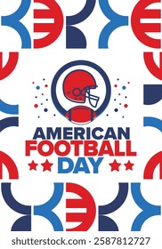 American Football Day. Holiday for American football fans in United States. Game Day. Professional team sport. Championship. Ball and Helmet. Sport poster. Vector illustration